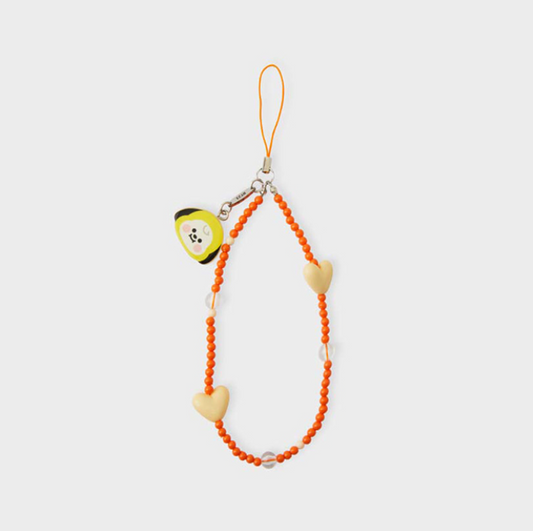 orange phone strap with bt21 chimmy face and beige heart front