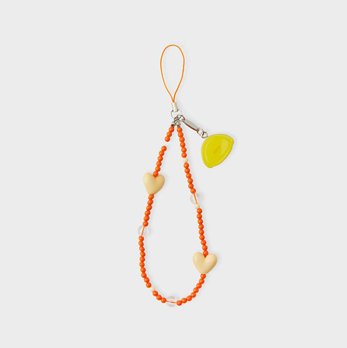 orange phone strap with bt21 chimmy face and beige heart back
