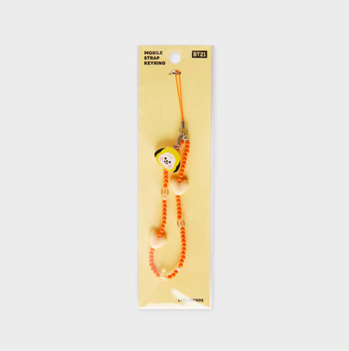 orange phone strap with bt21 chimmy face and beige heart package