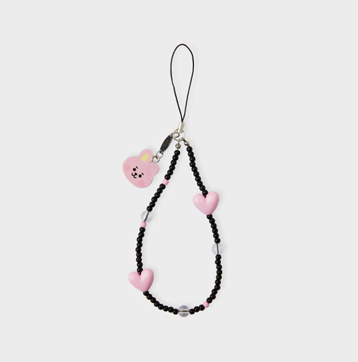 black phone strap with bt21 cooky face and pink heart front