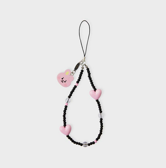 black phone strap with bt21 cooky face and pink heart front