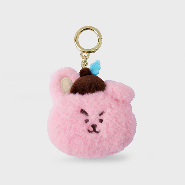 bt21 cooky fluffy face with acorn hat plush keychain,pink color front