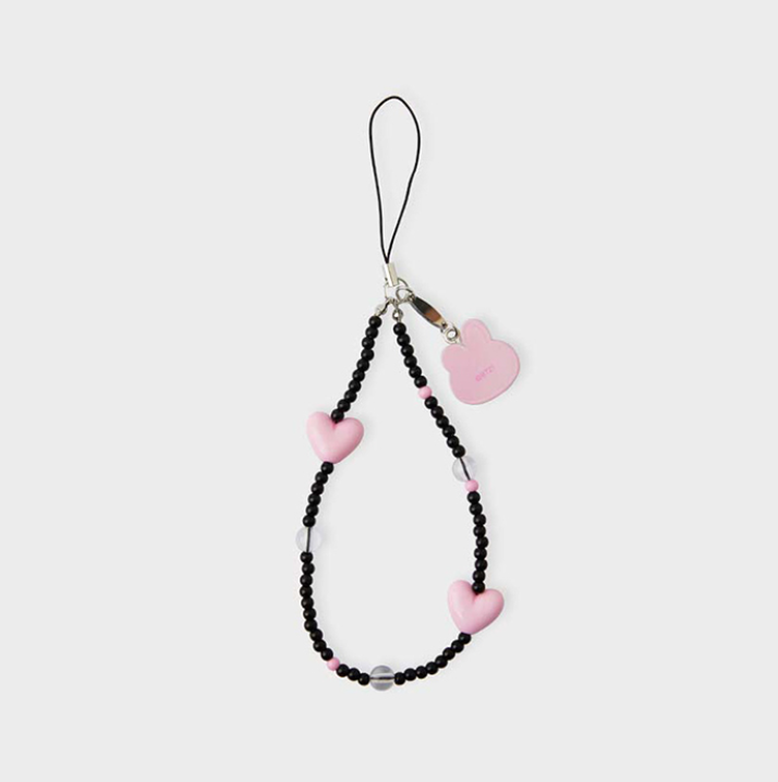 black phone strap with bt21 cooky face and pink heart back