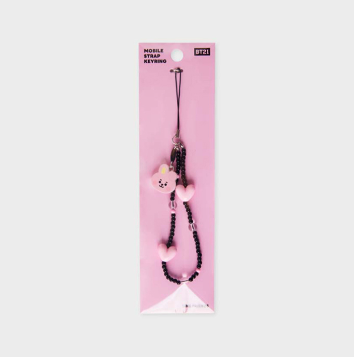 black phone strap with bt21 cooky face and pink heart package