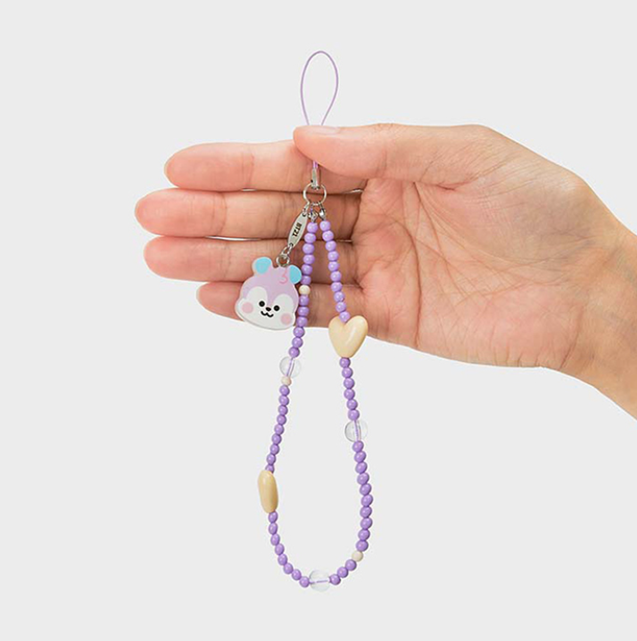 purple phone strap with bt21 mang face and beige heart front