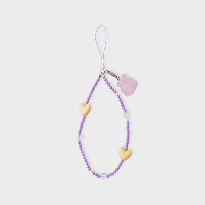purple phone strap with bt21 mang face and beige heart back