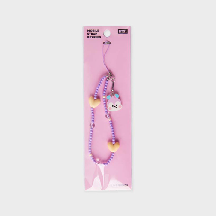 purple phone strap with bt21 mang face and beige heart package