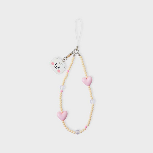 yellow phone strap with bt21 rj face and pink heart front