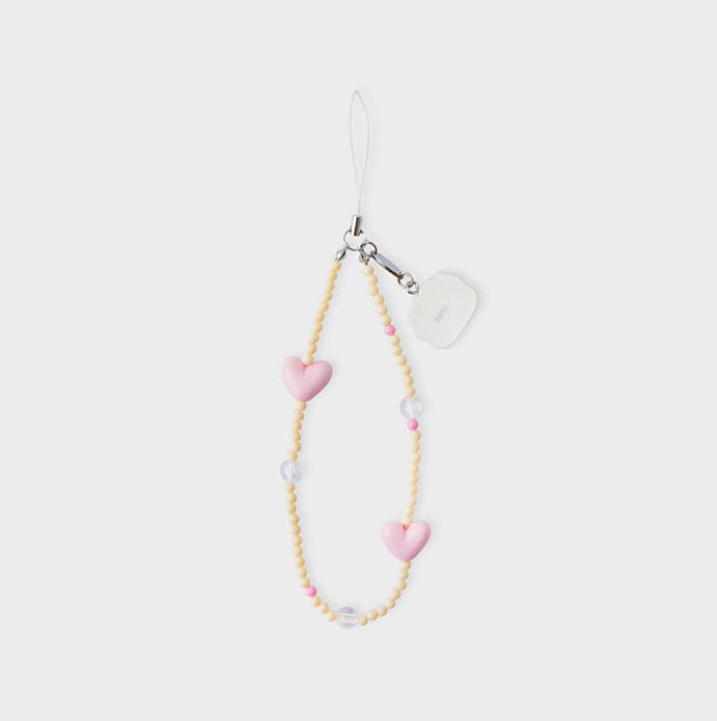 yellow phone strap with bt21 rj face and pink heart back