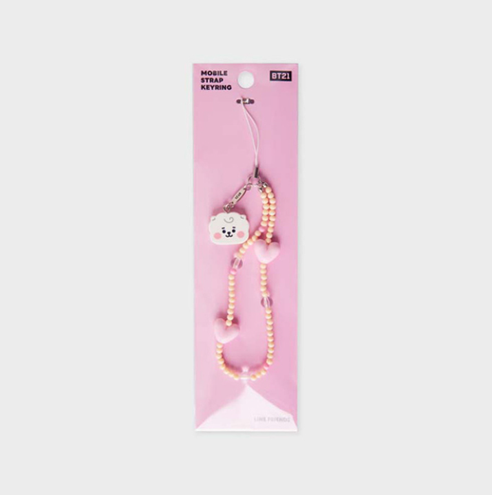 yellow phone strap with bt21 rj face and pink heart package
