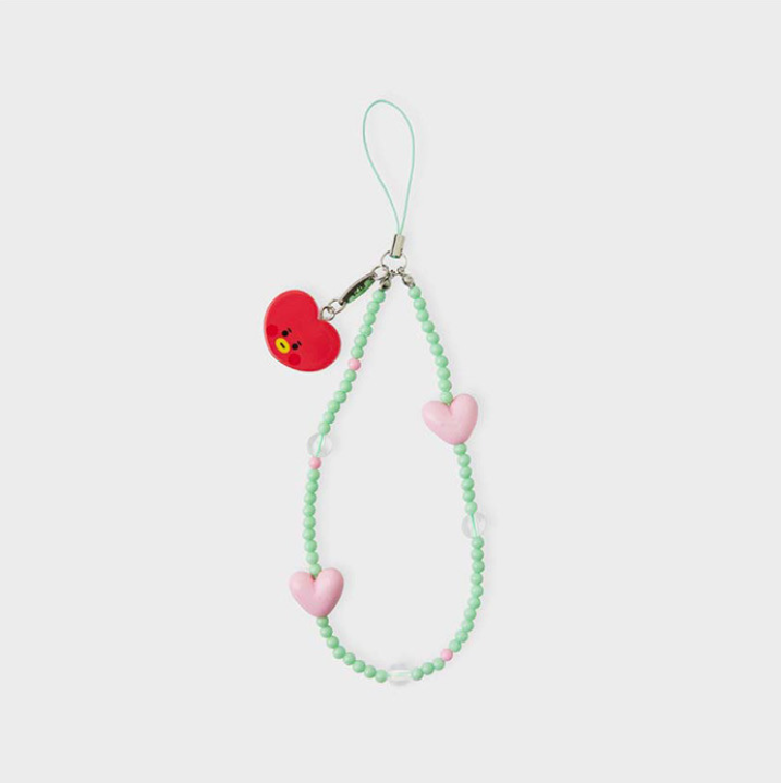 mint green phone strap with bt21 chimmy face and pink heart front