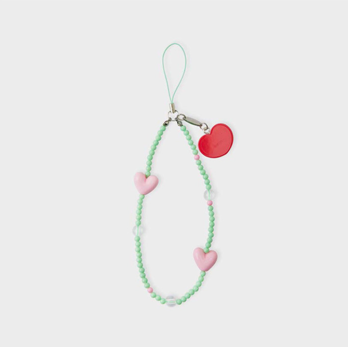 mint green phone strap with bt21 chimmy face and pink heart back