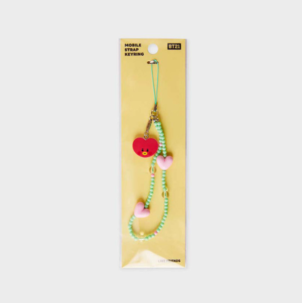 mint green phone strap with bt21 chimmy face and pink heart package