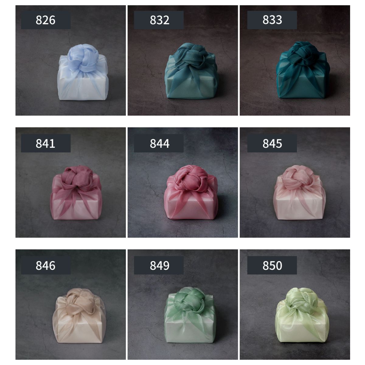 nine color of Bojagi. the first row:sky blue,blue green,dark green. the second row:plum,rose,indie pink. the third row:beige,emerald green,light green.