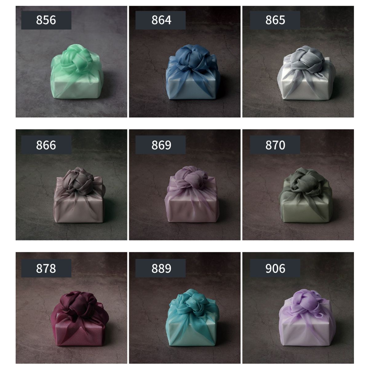 nine color of Bojagi. the first row:mint,navy,silver grey. the second row:cocoa,violet,olive. the third row:wine,teal,light purple.