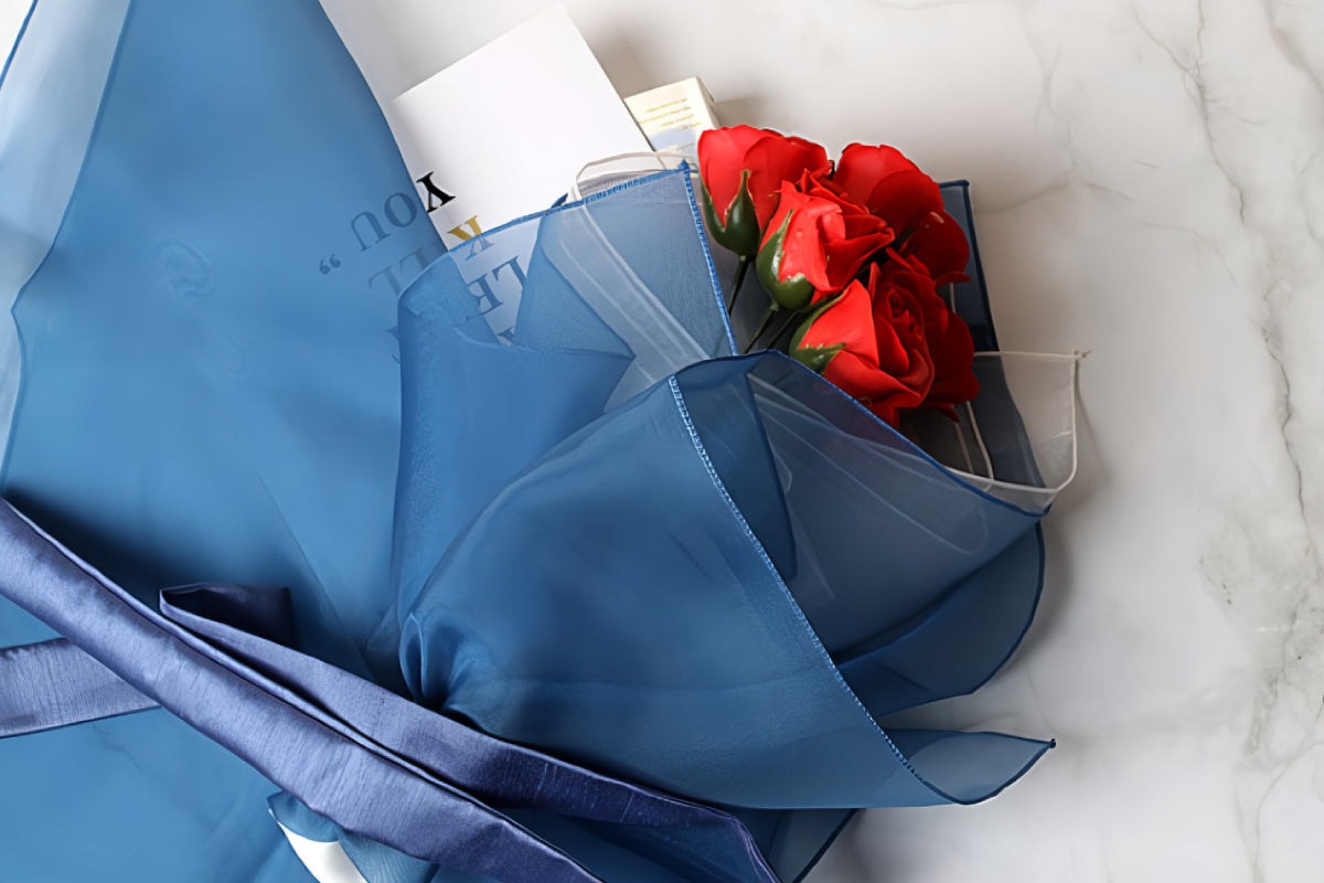 roses rapped with blue color Bojagi.