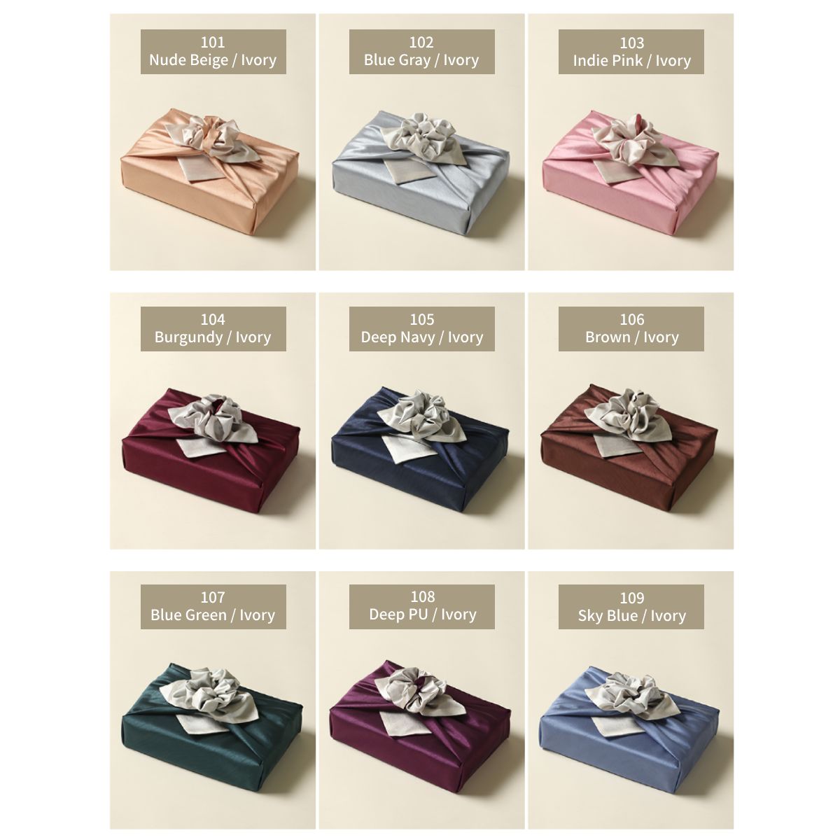 nine double-sided color of Bojagi. the first row:nude beige&ivory,blue grey&ivory,indie pink&ivory. the second row:burgundy&ivory,deep navy&ivory,brown&ivory. the third row:blue green&ivory,deep purple&ivory,sky blue&ivory.