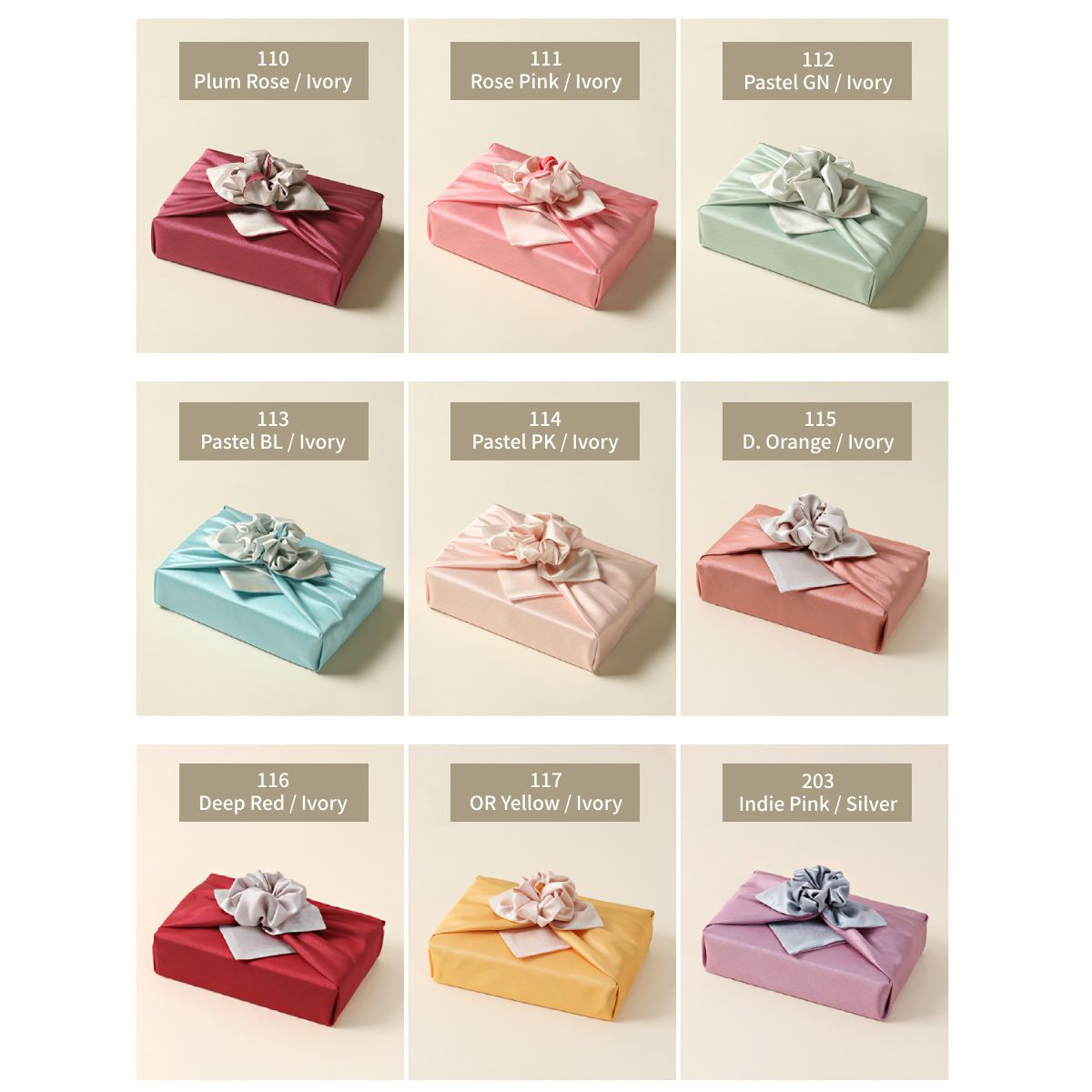 nine double-sided color of Bojagi. the first row:plum rose&ivory,rose pink&ivory,pastel green&ivory. the second row:pastel blue&ivory,pastel pink&ivory,dark orange&ivory. the third row:deep red&ivory,orange yellow&ivory,indie pink&silver.