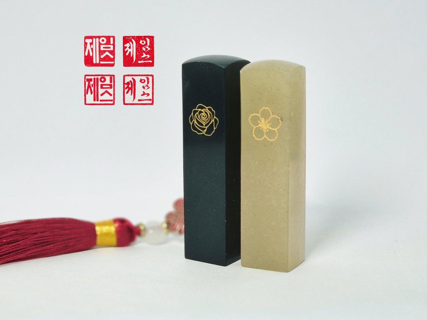 Custom Korean Name Stone Stamp, Flower Seal Dojang with Tassel