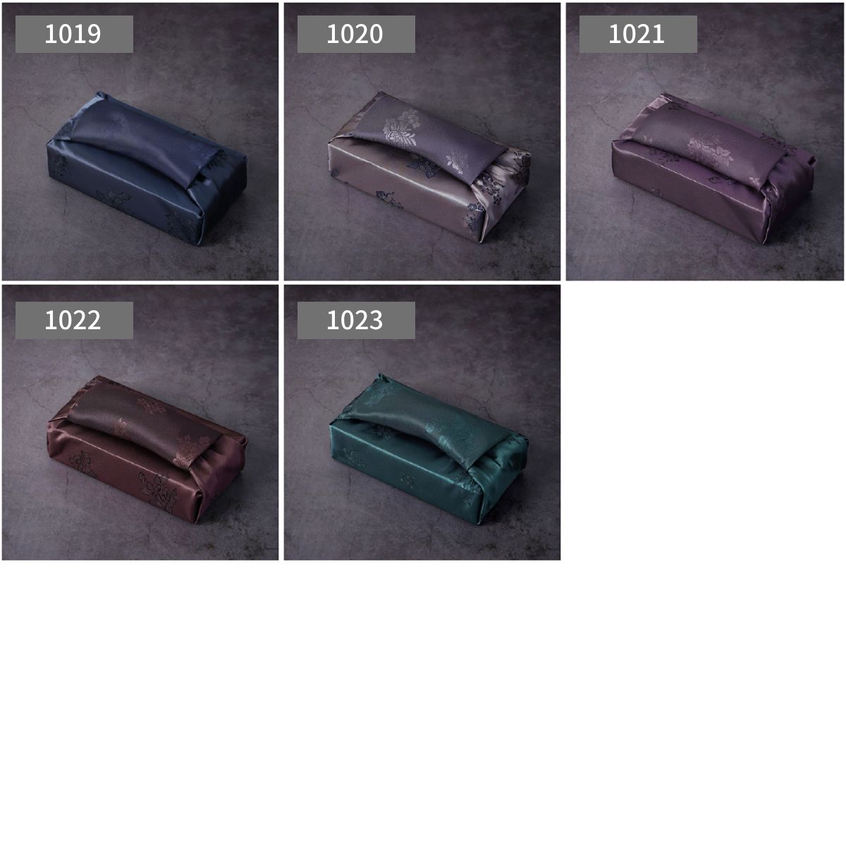 five color of Bojagi. the first row: Navy,Medium Purple,Purple. the second row: Brown,Blue Green.