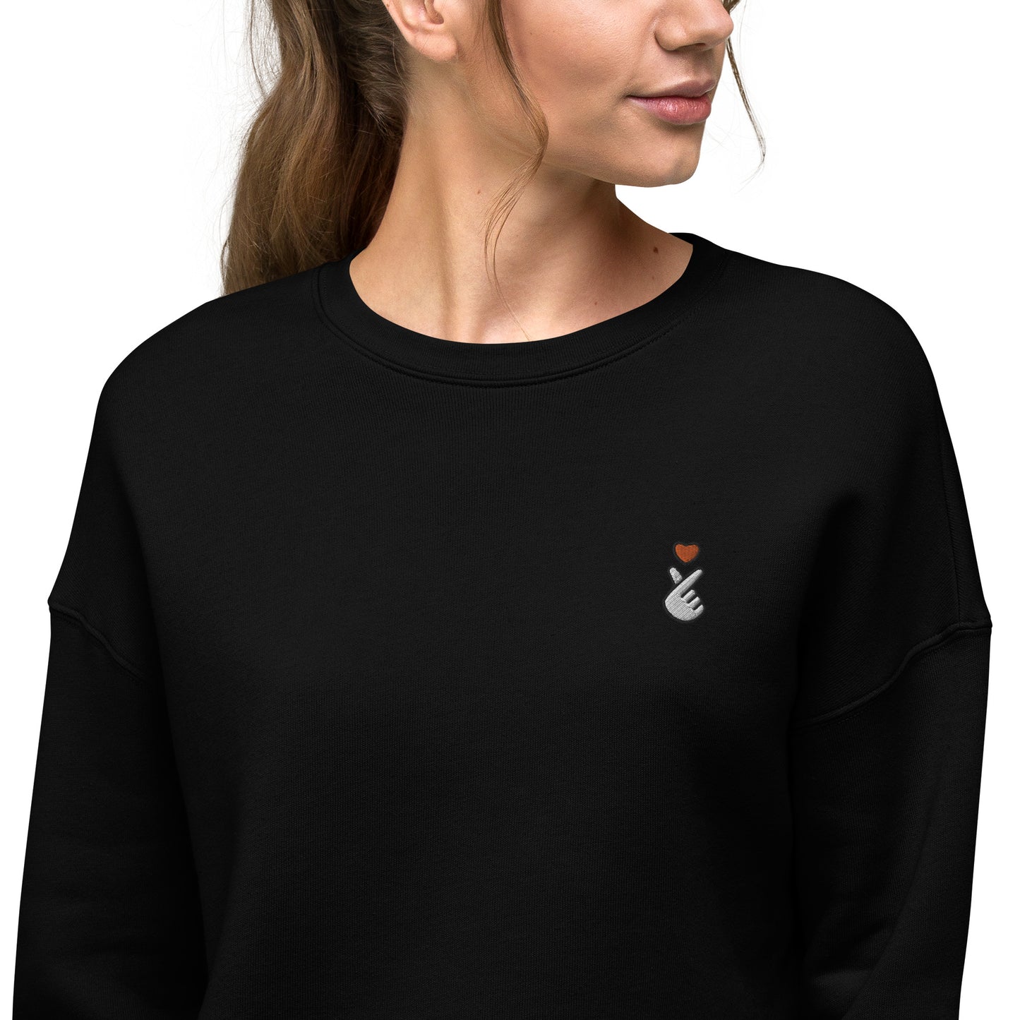 Kpop Orange Finger Heart Emoji Embroidery Women's Cropped Sweatshirt